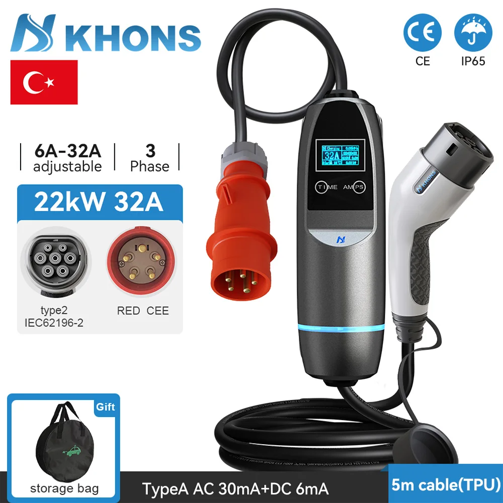 Khons Type2 22kw Electric Car Portable Charger 32A 3Phase EVSE Charging Red CEE Plug Electric Car Charger Wallbox IEC62196