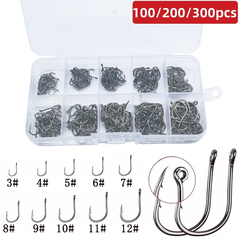 Nuevo 100/200/300 unids/caja cebo de pesca de carpa de acero al carbono de alta calidad anzuelo afilado 10 tamaños disponibles