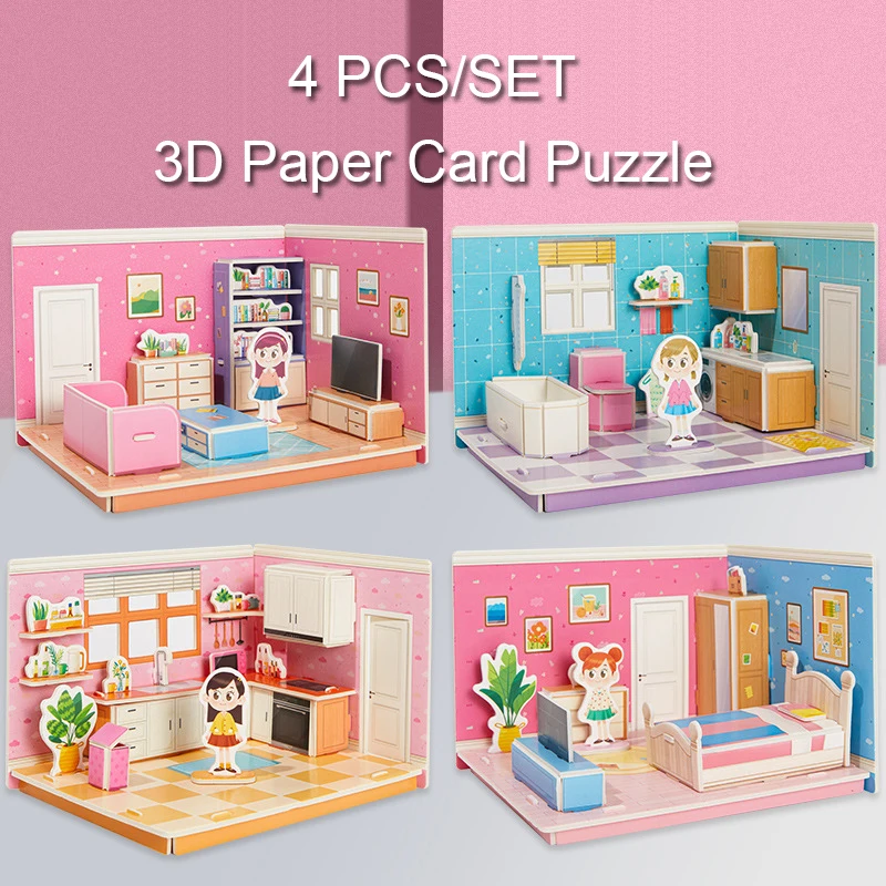 4 unids/set niños hecho a mano DIY habitación modelo rompecabezas cocina dormitorio sala de estar baño 3D estéreo rompecabezas de cartón