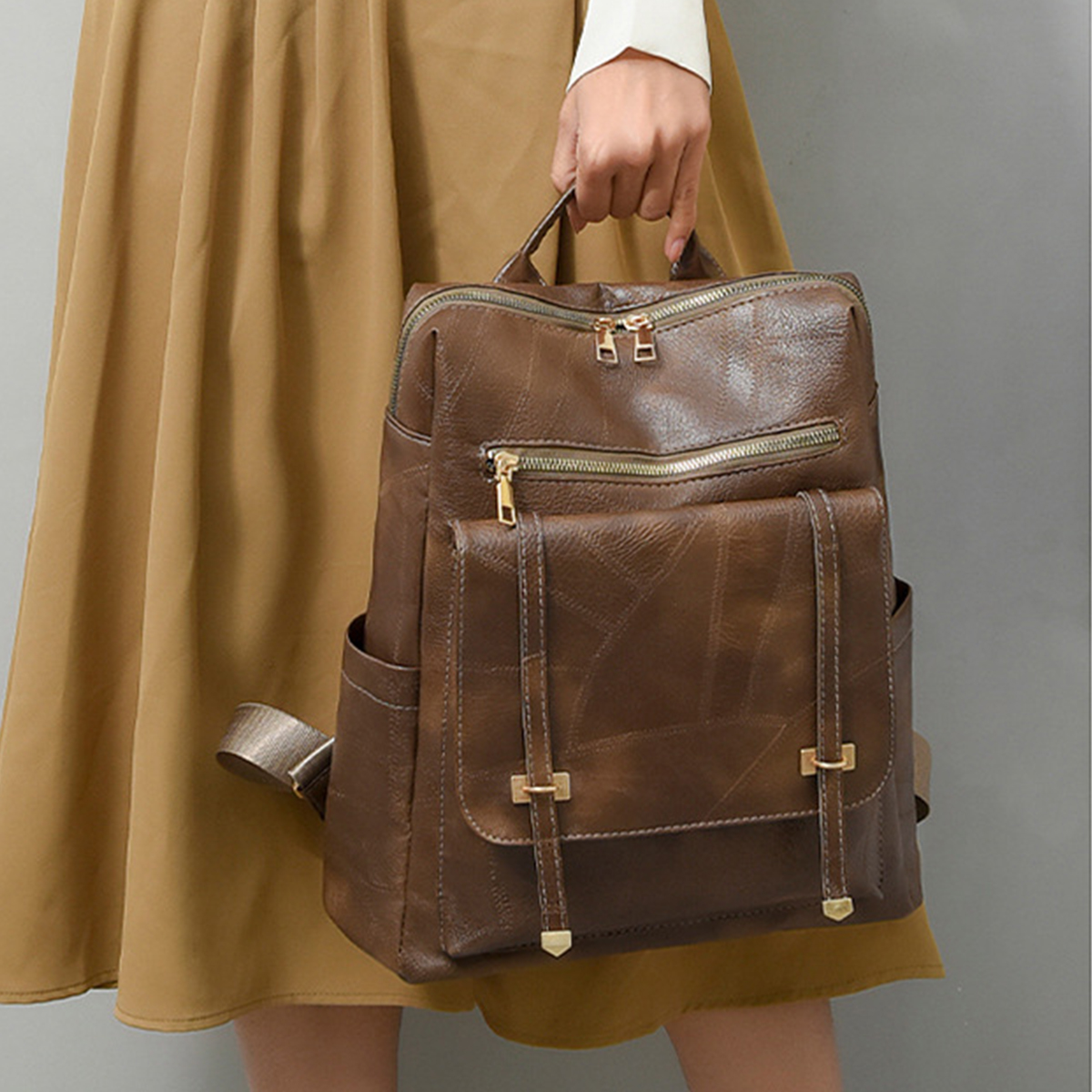 Backpack Trendy Korean Edition Fashion Solid Color Women's Backpack Casual PU Soft Leather Anti Splash Travel Bag-LJX