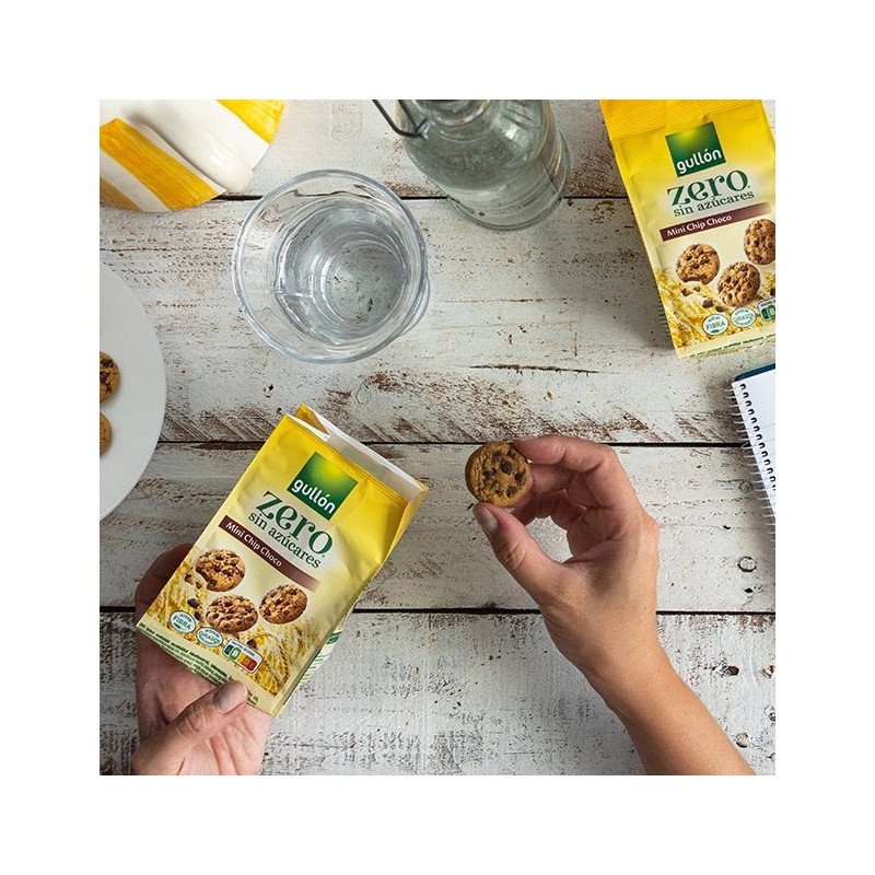 Choco ZERO Mini Chip Gullon-caixa com 12 peças-Choco ZERO Mini Chip biscoitos são vegetarianos, feitos com óleo de girassol alto oleico e açúcares adicionados ZERO