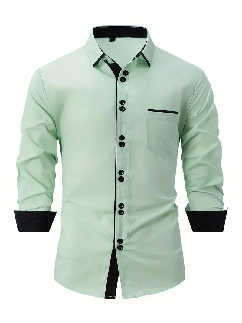 Camisa de algodón informal de negocios para hombre con bolsillo, solapa a juego, cómoda camiseta de manga larga para vacaciones