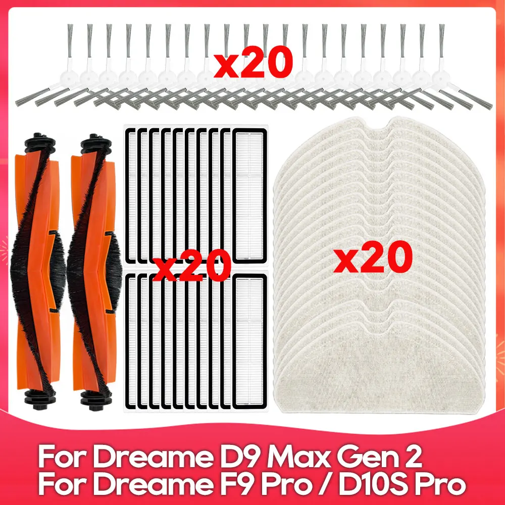Compatible con ( Dreame F9 Pro, D10S Pro, D9 Max Gen 2, RLD34GA ) Repuesto de Accesorio para Robot Aspirador: Cepillo Lateral, Filtro, Rodillo y Mopa