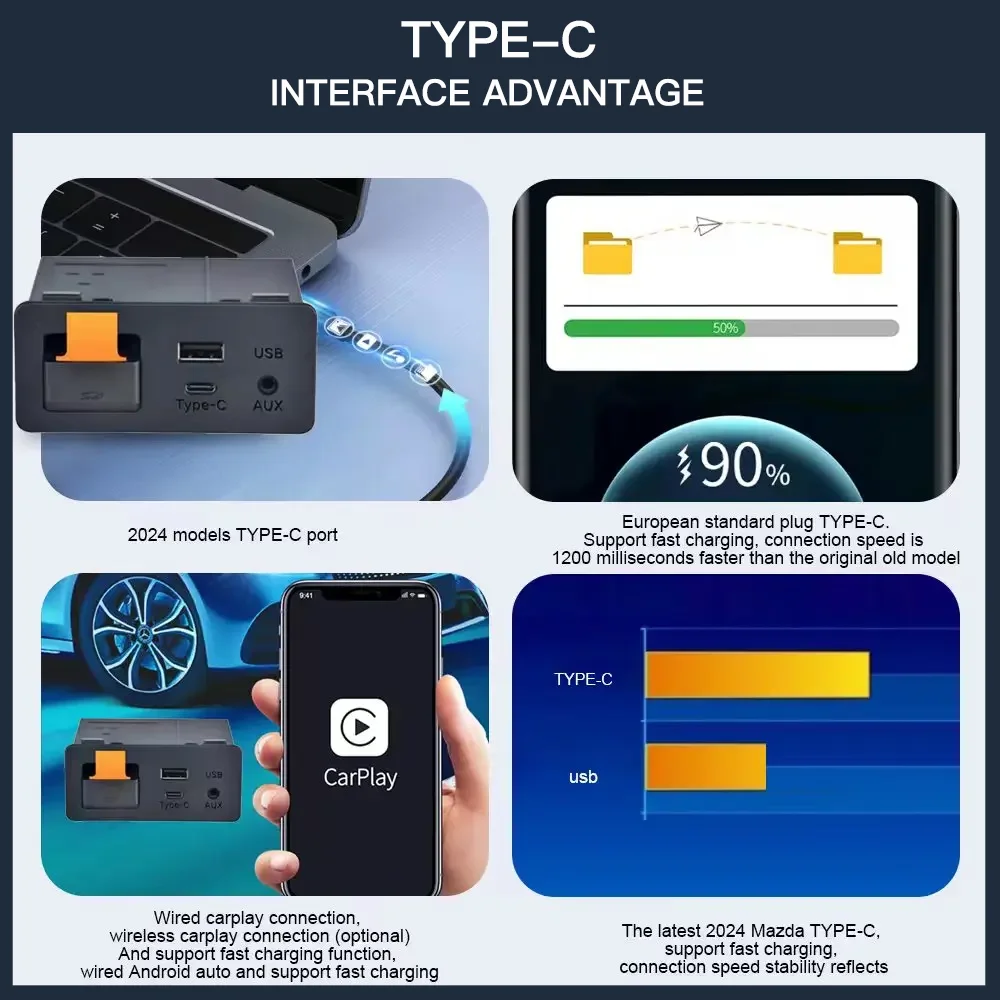 Wireless type-c CarPlay Android Auto Adapter UBS Hub OEM for Retrofit Mazda 2 3 6 CX3 CX5 CX8 CX9 MX5 Demio Miata TK78669U0C Kit
