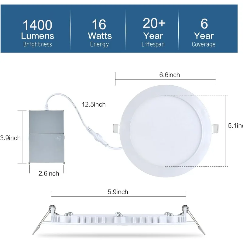 12 Pack 6 Inch Ultra-Thin LED Recessed Ceiling Light with Junction Box, 16W Eqv 150W, Dimmable Downlight for Kitchen