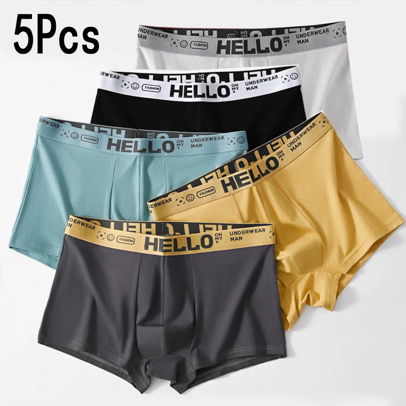 Pantaloncini boxer traspiranti da uomo 5 pezzi Pantaloncini a quattro angoli Adolescenti lavorati a maglia in puro colore a vita media