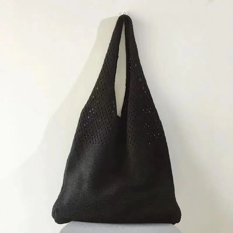 Nova tendência bolsa feminina de crochê retro malha trança cor sólida oco preto cáqui alça superior sacola shopper