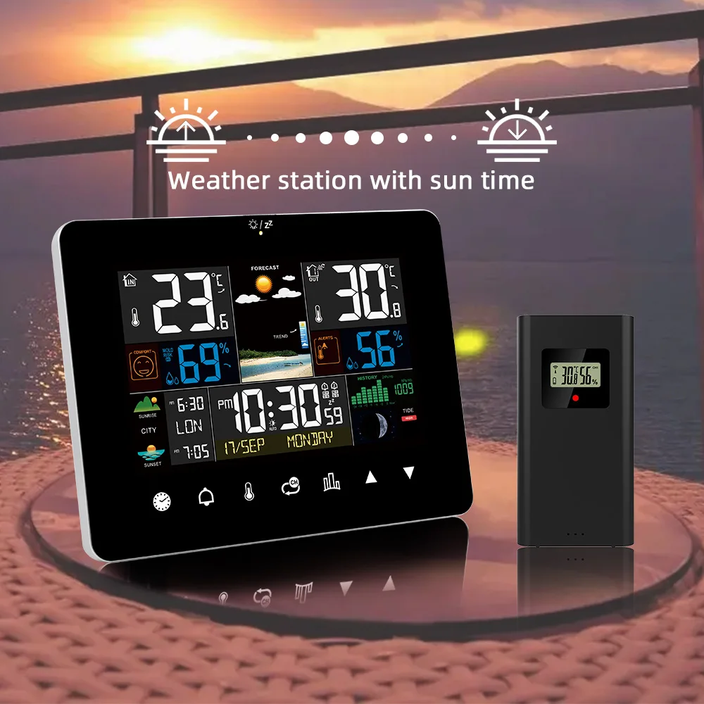 Estación meteorológica multifuncional, despertador, pantalla táctil, termómetro, higrómetro, Sensor inalámbrico, amanecer, puesta de sol, higrotermógrafo