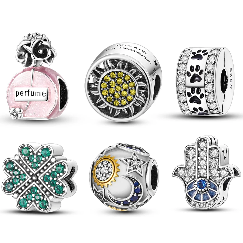 Fascino S925 Bottiglia di profumo argentata Stelle Luna Sole Quadrifoglio Perline di fascino Misura braccialetto originale Donna Creazione di gioielli fai da te