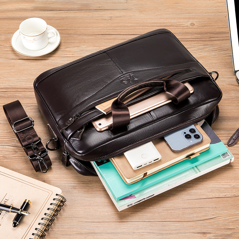Cowhide computer bag, 14 inch large capacity genuine leather men's briefcase, retro top layer cowhide file bag