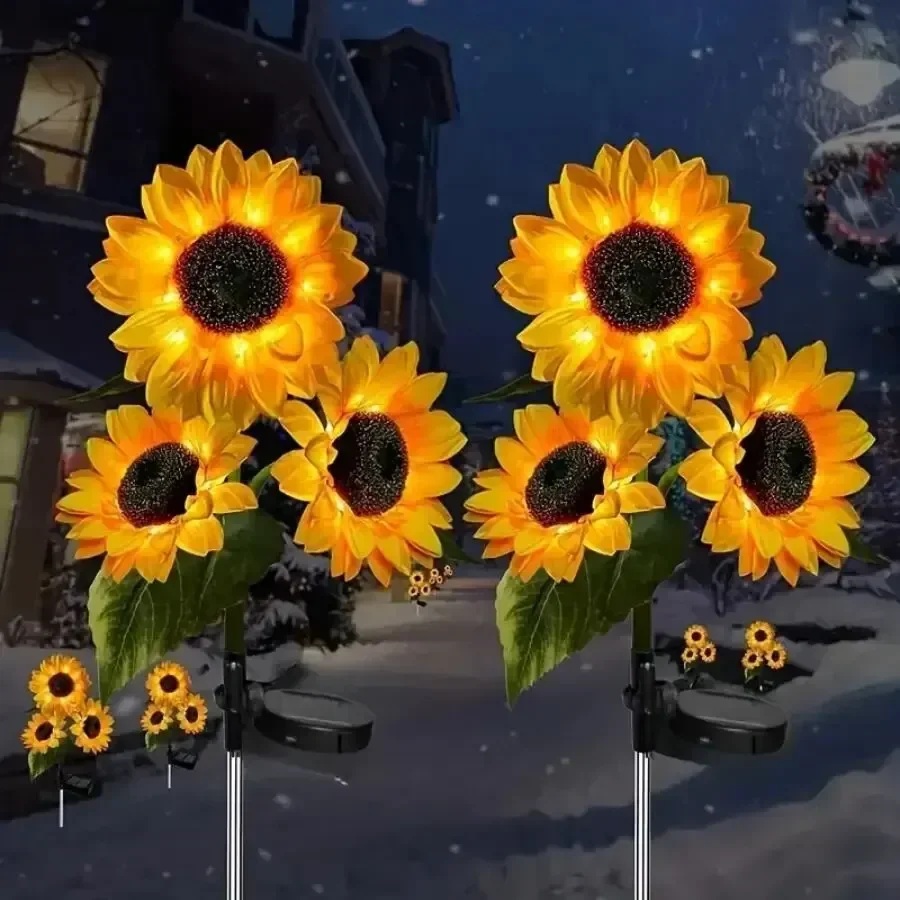 Luzes solares de girassol com 3 cabeças, estaca de jardim, decorativas ao ar livre, à prova d'água, luzes LED de paisagem para pátio, jardim, quintal