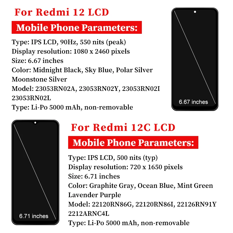 NUOVO 12C Per Xiaomi Redmi 12C LCD Poco C55 Display Touch Screen Digitizer Per Redmi 12 Display 23053RN02A LCD Parti di Ricambio