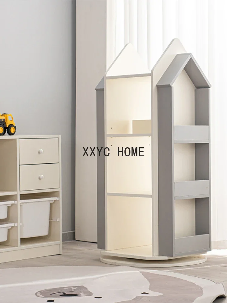 Rotary bookshelf children's solid wood 360-degree bookcase movable floor reading picture book shelf toy storage rack