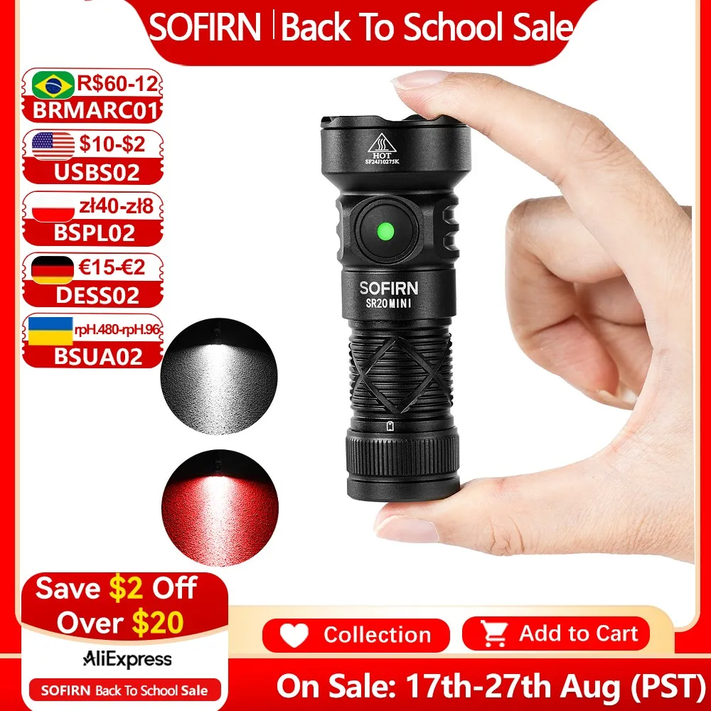 Sofirn SR20 MINI 18350 USB C Перезаряжаемый фонарик 1200 лм Мощный фонарик EDC CSP2323 Светодиодный светильник 5700K Белый и красный свет