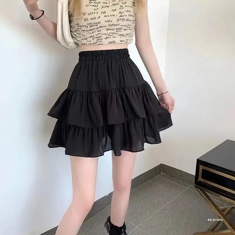 Geplooide A-lijn Rok Witte Vrouwen Ruches Zoete Hottie Preppy Stijl Elastische Elastische Taille Slanke Dunne SimpleCasual Zomer Groothandel