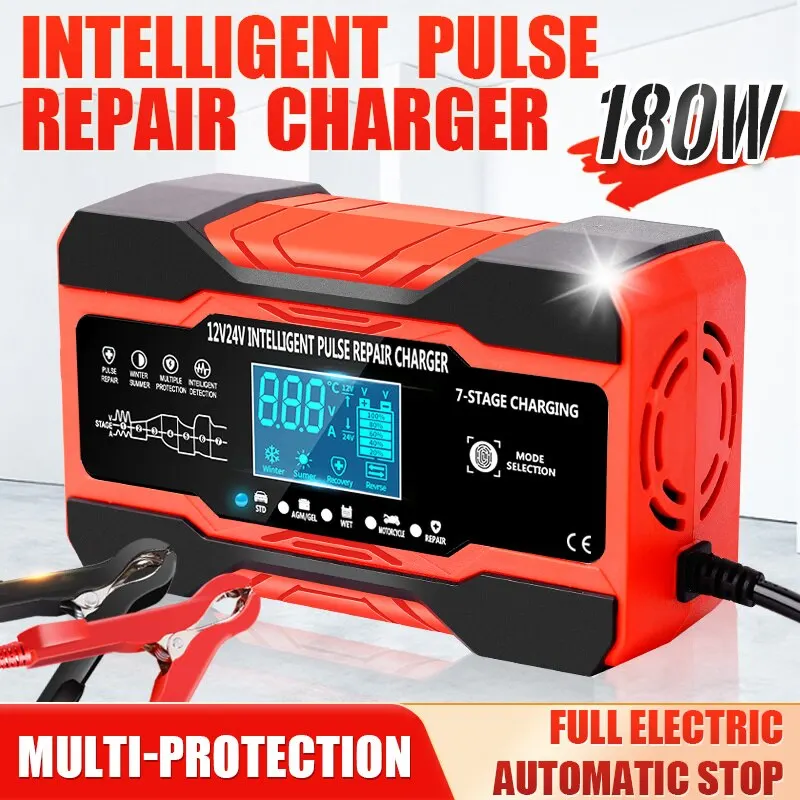 12V-24V auto-accu-oplader volledig automatisch 12V 10A digitale auto-acculader pulsreparatie voor AGM GEL WET-loodzuur