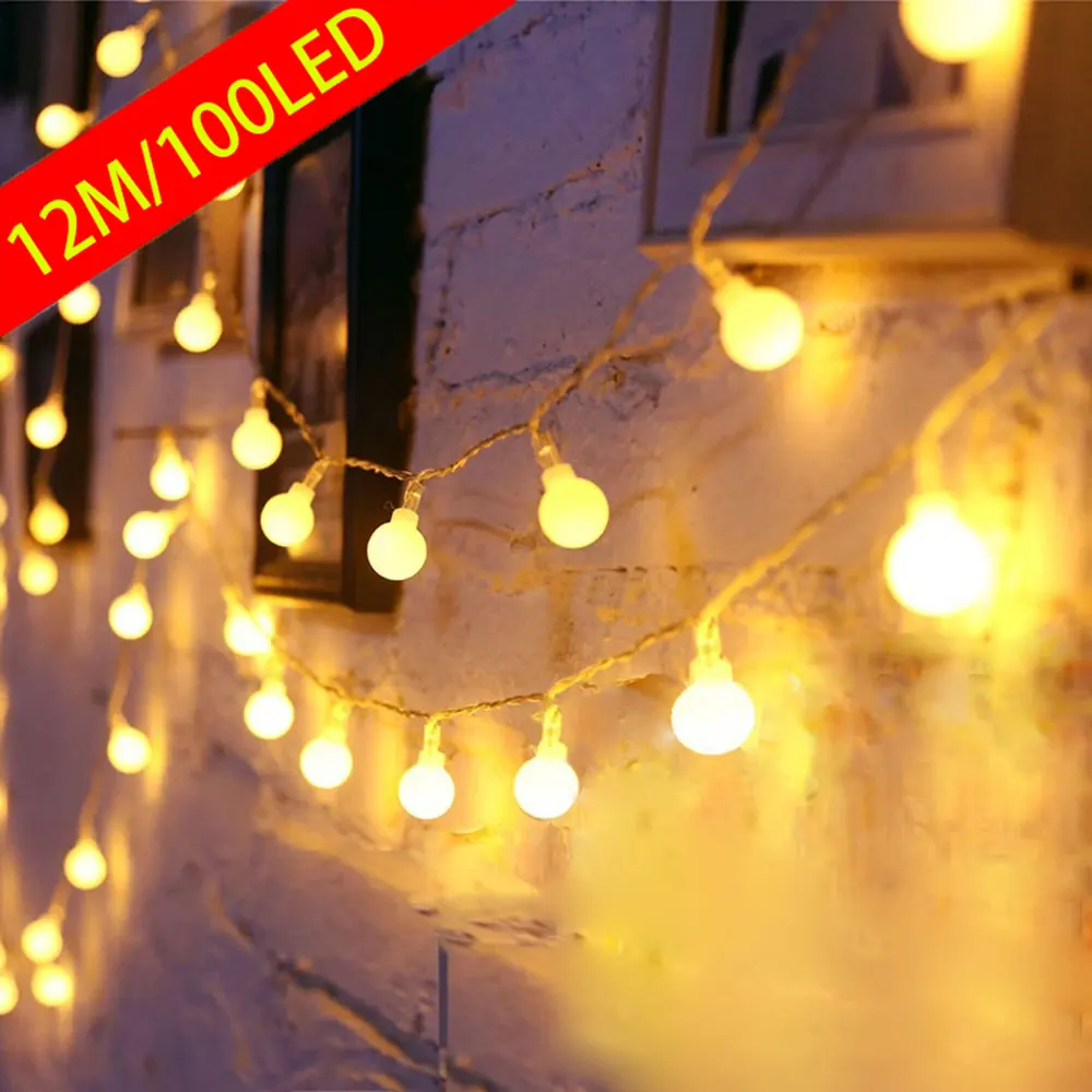 12M Ball LED String Lights Outdoor Ball Chain Lights Garland Light Bulb Fairy Lights Home Party Wedding Garden Christmas Decor