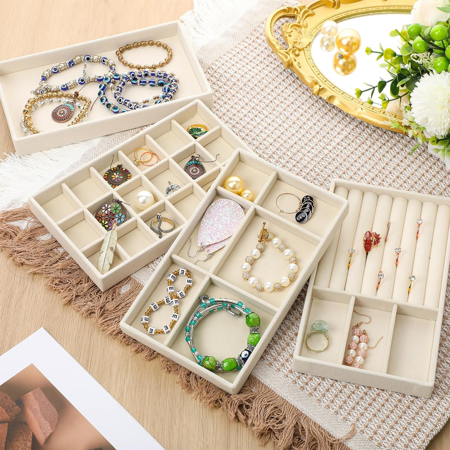 Plüsch-Schmuckablage, abnehmbares Tablett, Ohrringe, Ohrringe, Ringe, Halsketten, Aufbewahrungstablett, Schublade, Trenntablett