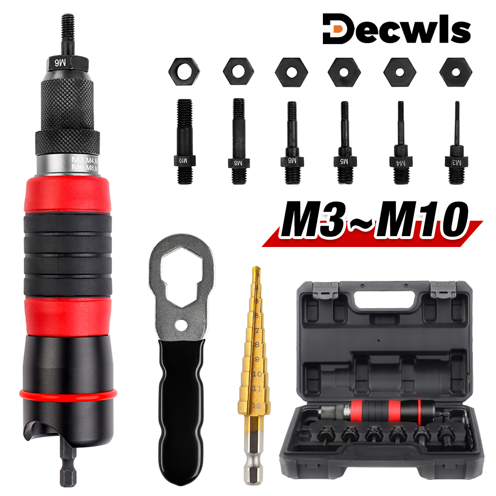 Nitownica do nakrętek M3 M4 M5 M6 M8 M10, narzędzie do szybkiego nitowania klasy przemysłowej, elektryczny pistolet do nitowania nakrętek, w tym wiertło 3-12mm