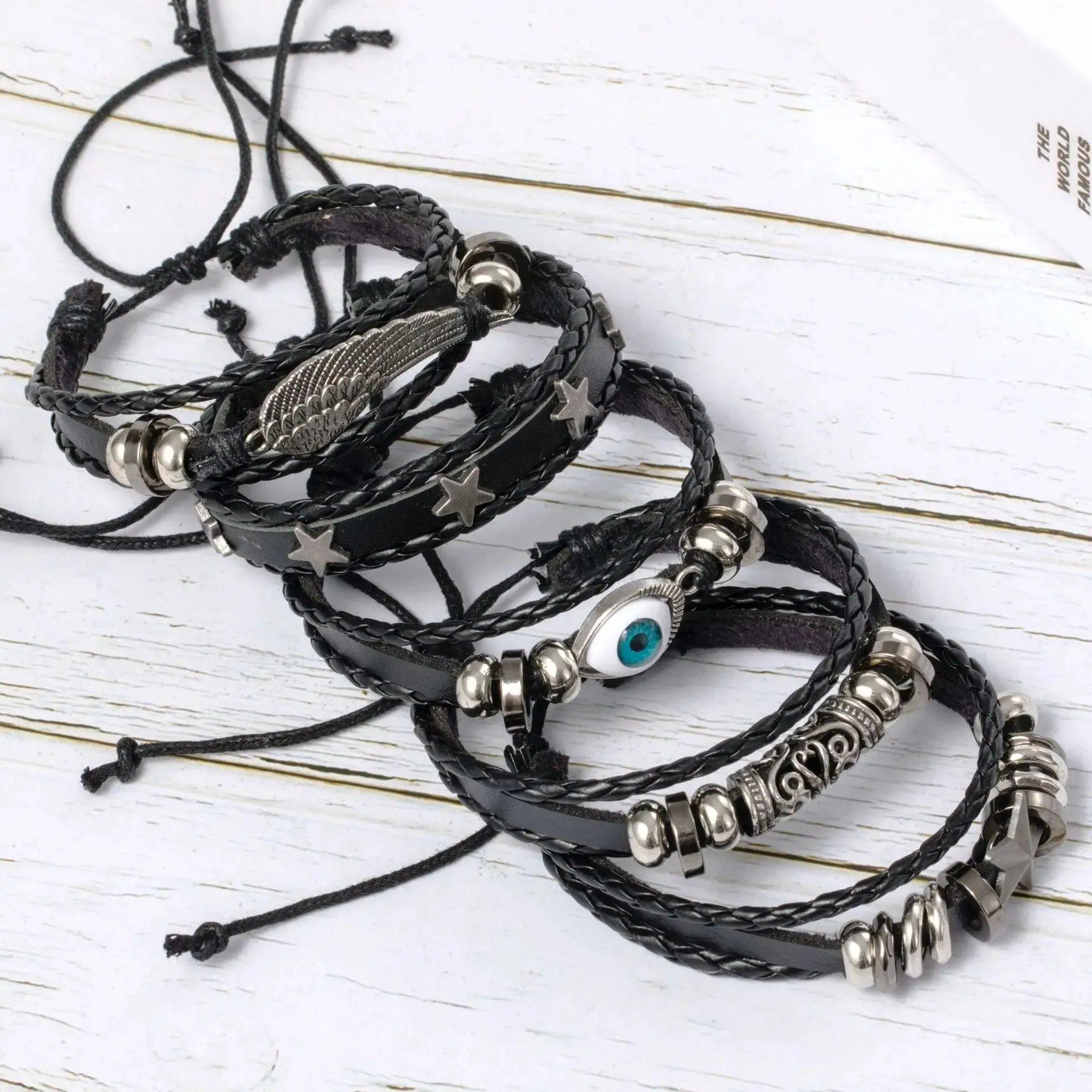 5 peças conjunto de pulseira estilo punk trançado com estrela de asa de mau olhado diy, com couro pu e contas