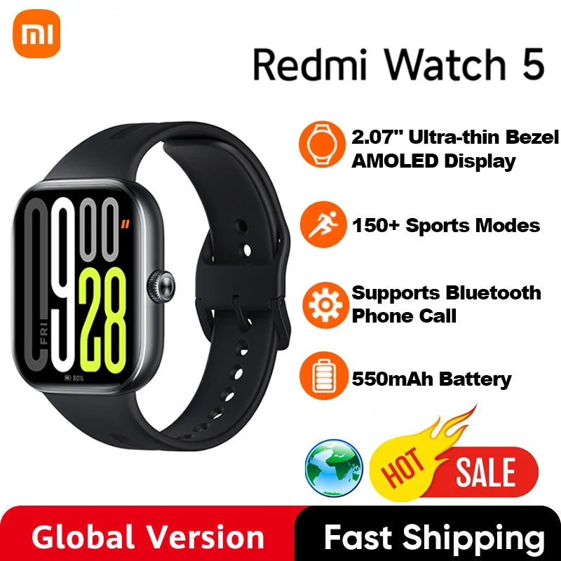 Xiaomi Redmi Watch 5, глобальная версия, 2,07 дюйма, 60 Гц, AMOLED-экран, встроенный GNSS, Bluetooth-вызов, 150+ спортивных режимов, срок службы батареи, 24 дня