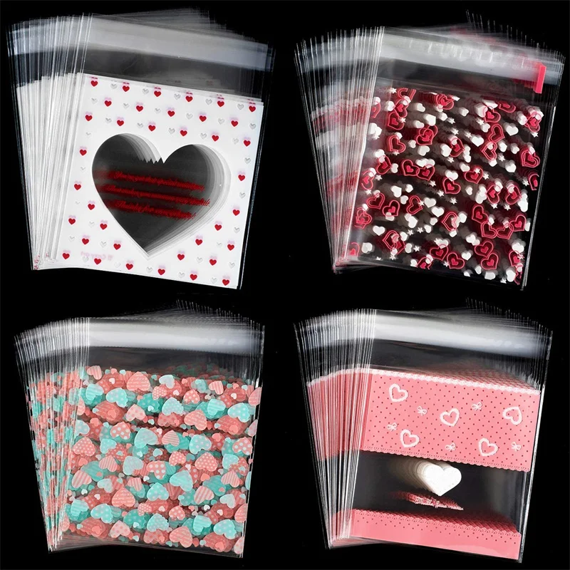 100pcs 7x7/10x10 ซม.หัวใจพลาสติก CELLO กระเป๋าปิดผนึกด้วยตนเองสําหรับ DIY คุกกี้ขนมขบเคี้ยวแพคเกจตกแต่งขนาดเล็กธุรกิจ