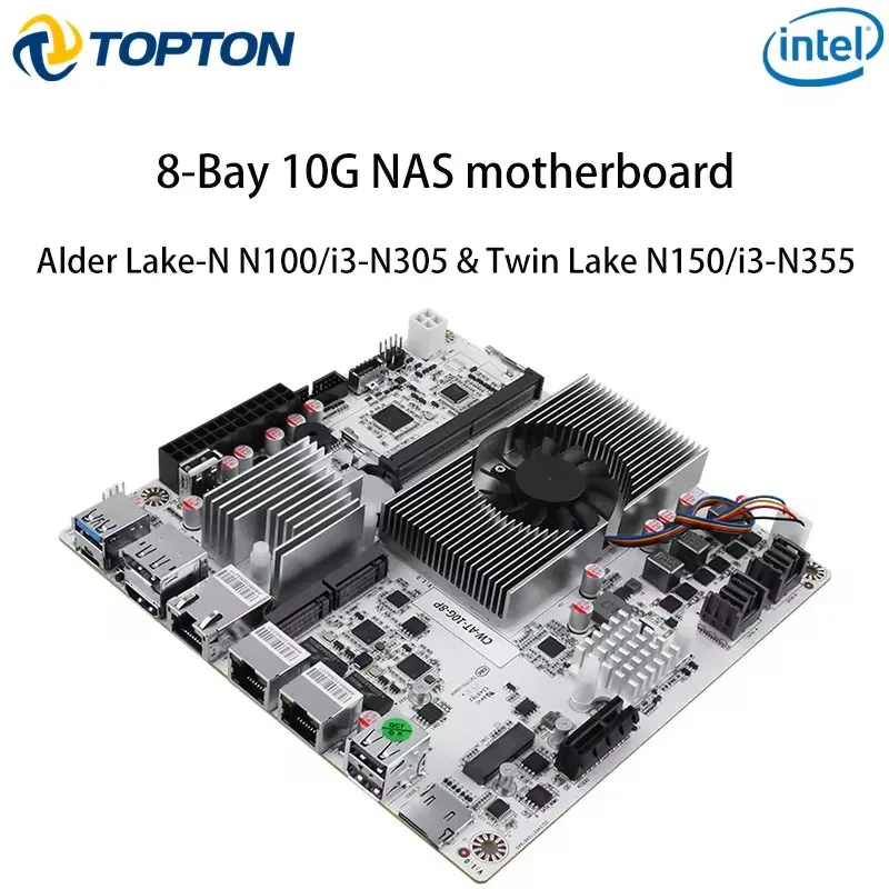 8-Bay 10G NAS Motherboard Intel N150 N100 i3-N305 1*10G 2*2.5G LANs 2*NVMe 2*SFF-8643 to 8*SATA Firewall Mainboard PCIex1 Type-C