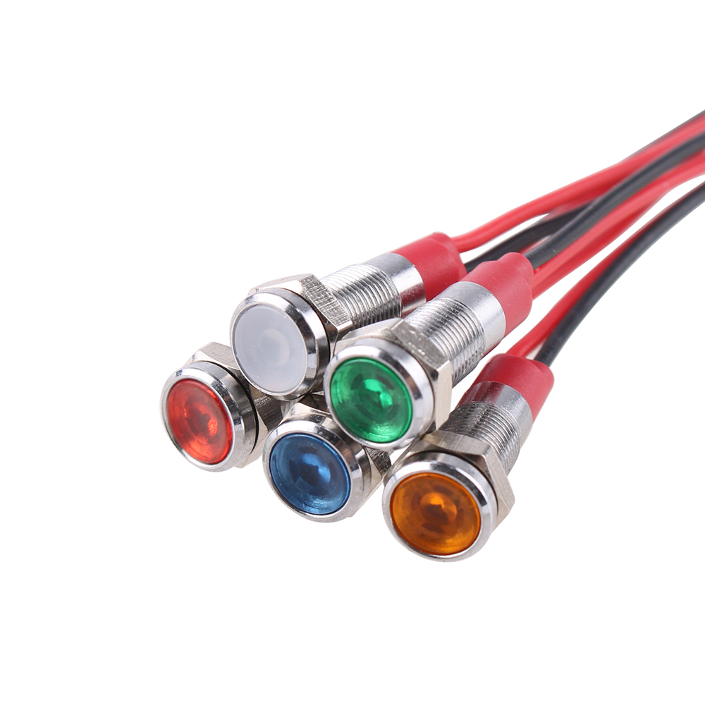 6 mm LED-Metallanzeigeleuchte, 6 mm wasserdichte Signallampe, 6 V, 12 V, 24 V, 220 V, Drähte verbinden, Messing-Nickel-Beschichtung, grün, rot, blau