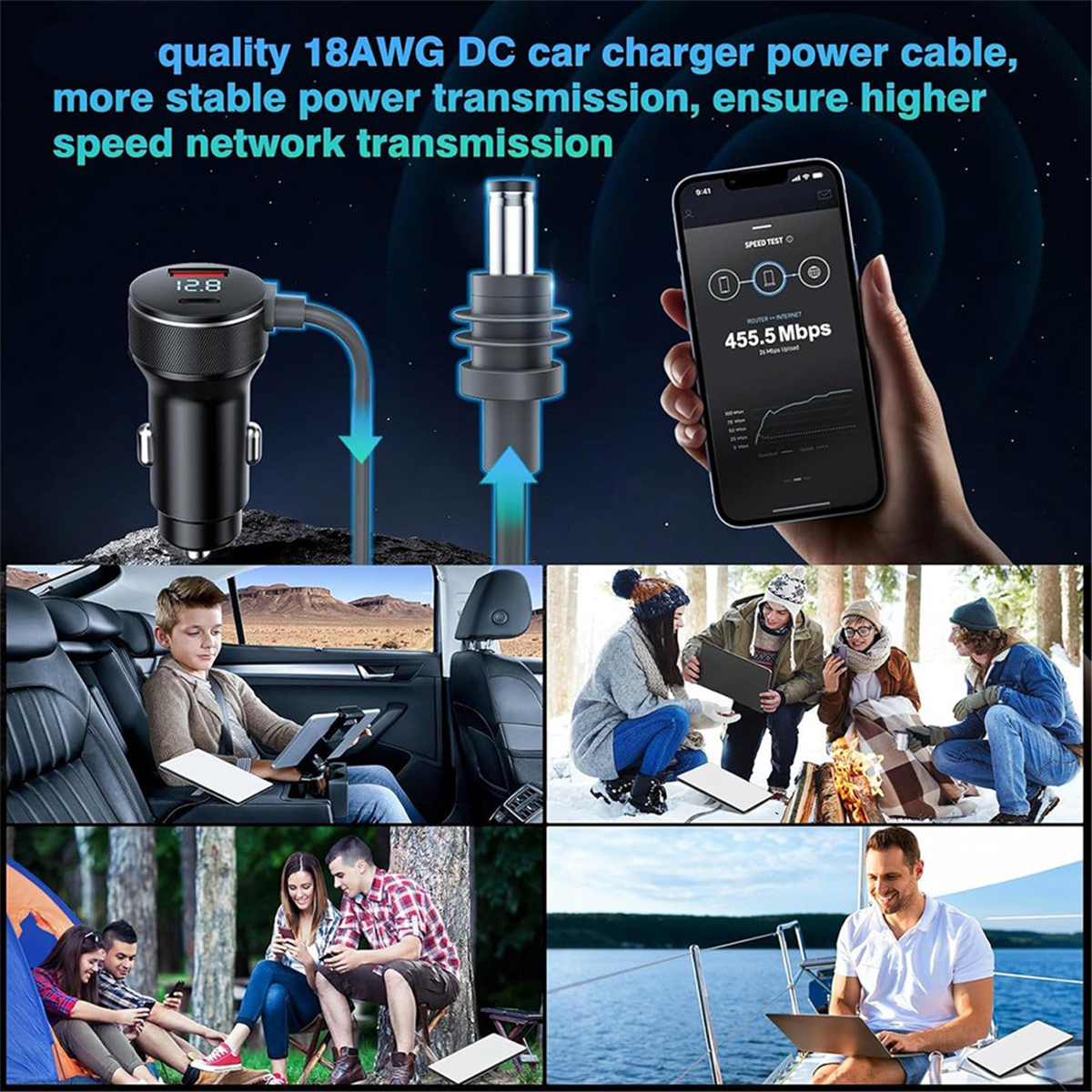 BABQ 3-in-1 for Starlink Mini DC Power Cable 65W Fast Charger Type-C USB Socket Cigarette Lighter with LED Voltmeter Display