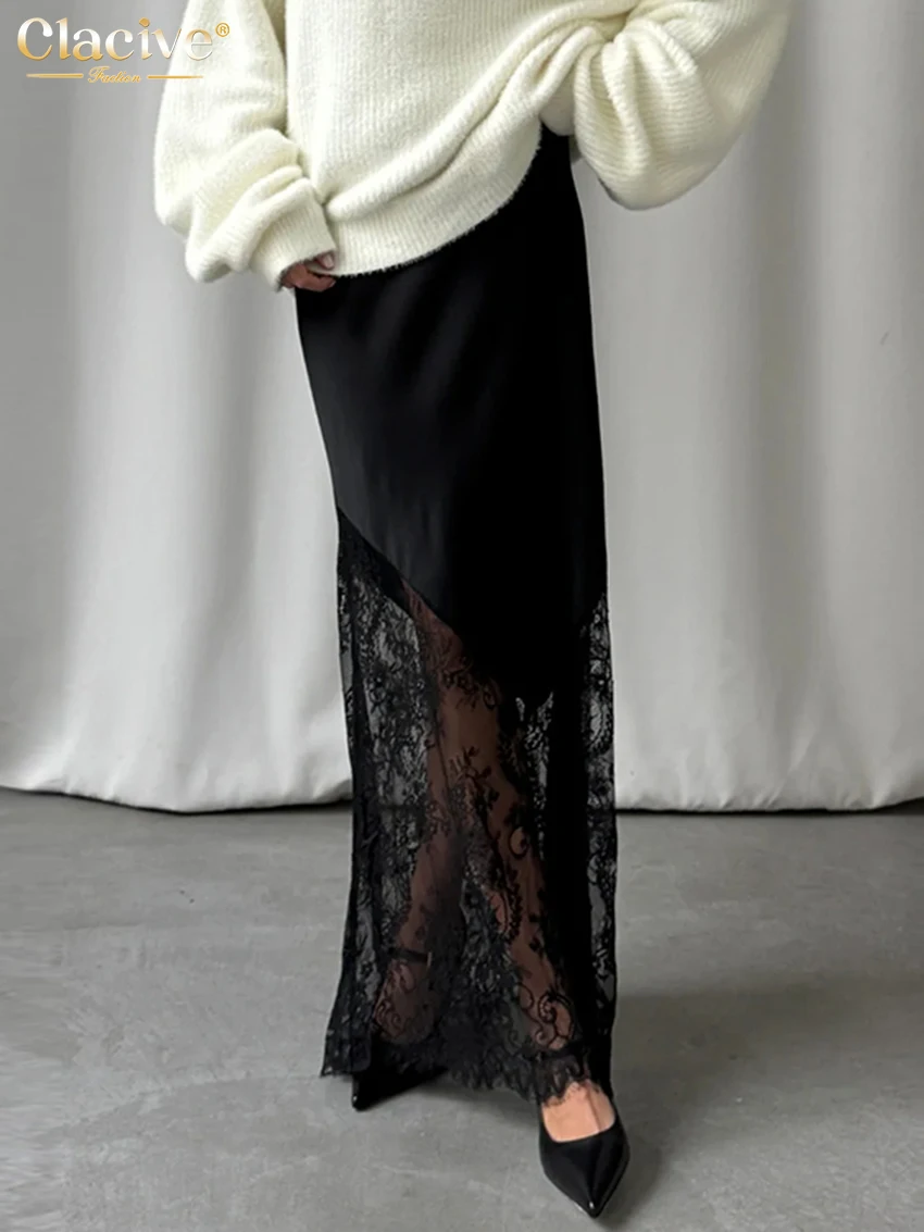 Clacive-falda holgada de satén negro para mujer, falda informal de cintura alta hasta el tobillo, falda clásica elegante, tela femenina