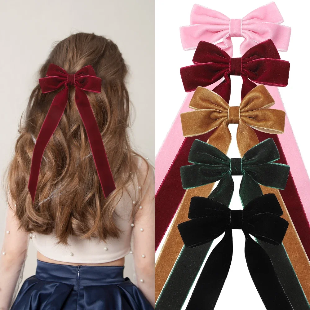 2 ชิ้น Vintage ขนาดใหญ่กํามะหยี่ Bow Hairpins Barrettes ผู้หญิงงานแต่งงานยาวริบบิ้นผมเกาหลีคลิป Hairgrip อุปกรณ์เสริมผม