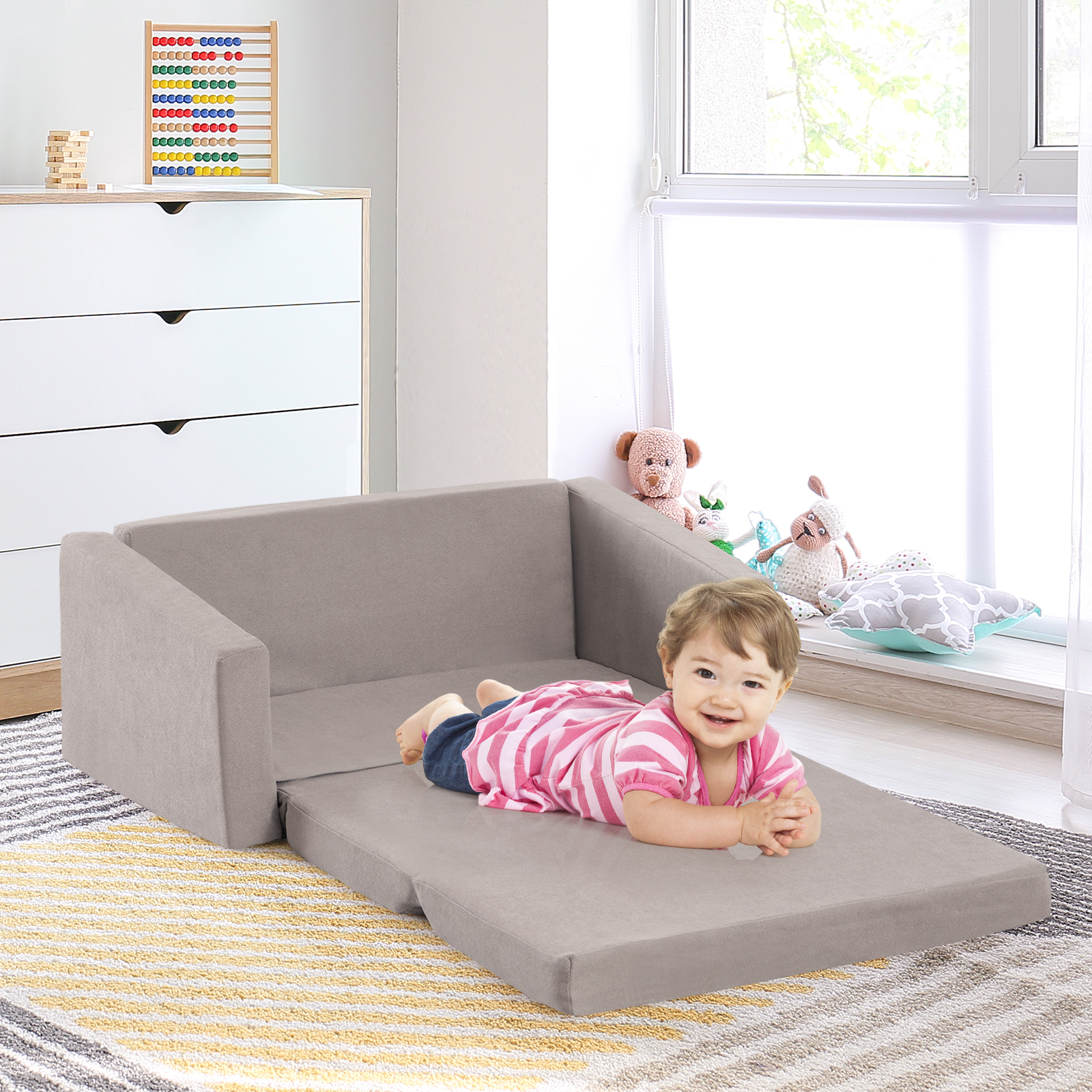 GOFLAME 2-in-1 Toddler Fold out Couch, Convertible Sofa to Lounger with Soft & Machine Washable Sofa Cover