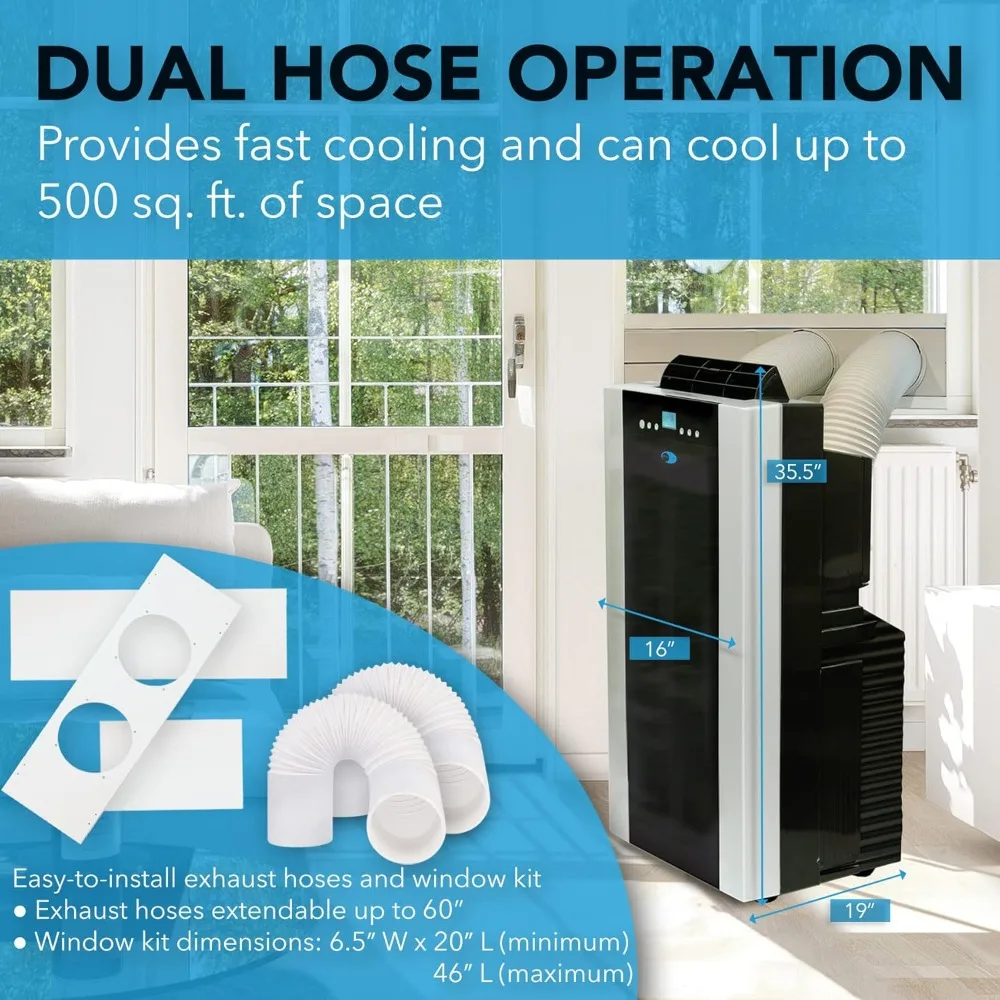 Portable Air Conditioner 14,000 BTU with Dual Hose Dehumidifier & Cooling Fan for 500 Sq Ft Rooms, Includes AC Unit Window Kit