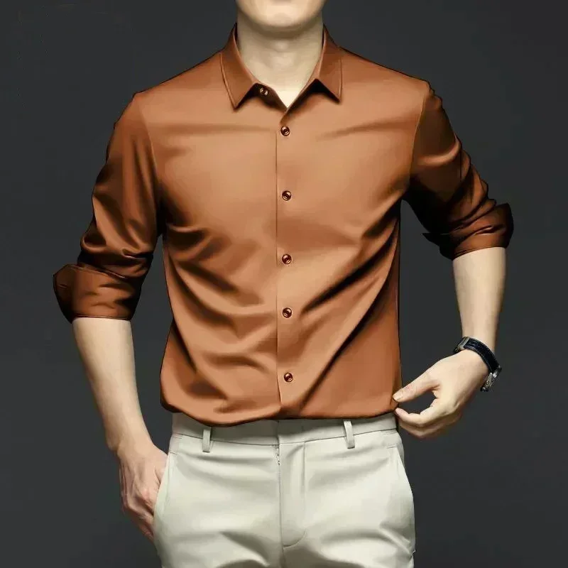 Camicia a maniche lunghe da uomo S-6XL camicia bianca pura resistente alle rughe di lusso abito da lavoro camicia lucida in seta di ghiaccio Casual