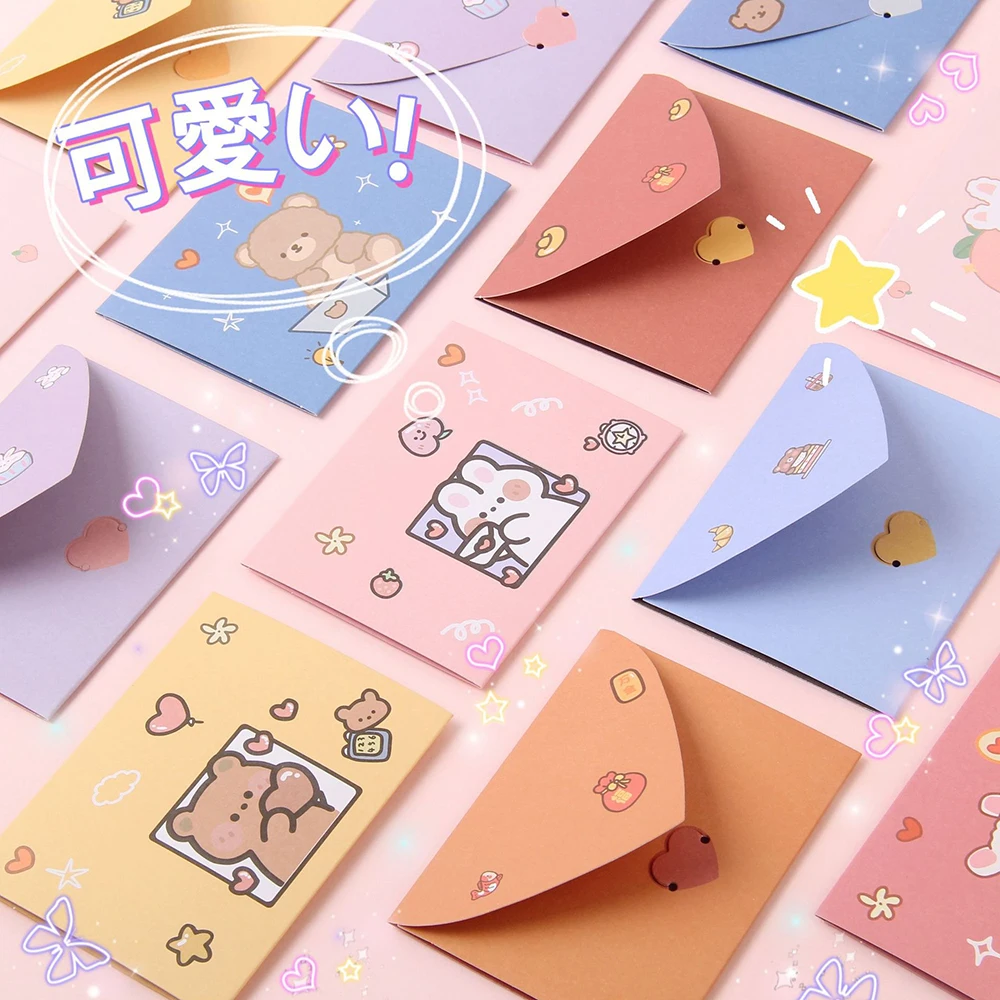 10pcs Bear Rabbit Blessing Thank Envelope Ins Cartoon Decoration Letter Paper Beautiful Cartoon Greeting Card New Year Gifts