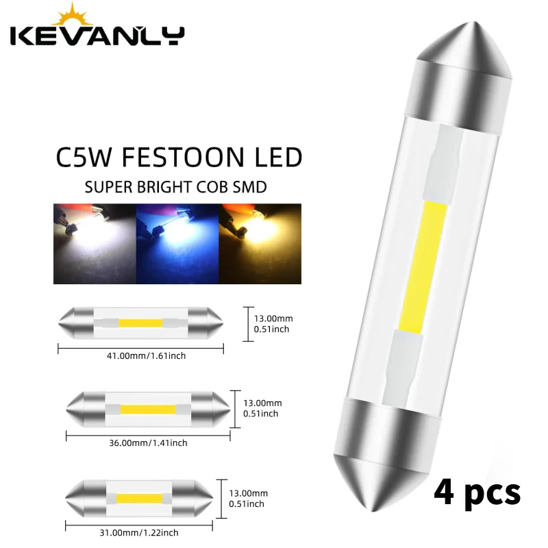 4 pçs led festão 31mm 36mm 41mm c5w cob vidro lâmpadas led habitação cúpula lâmpada tronco placa de licença do carro luz leitura interior