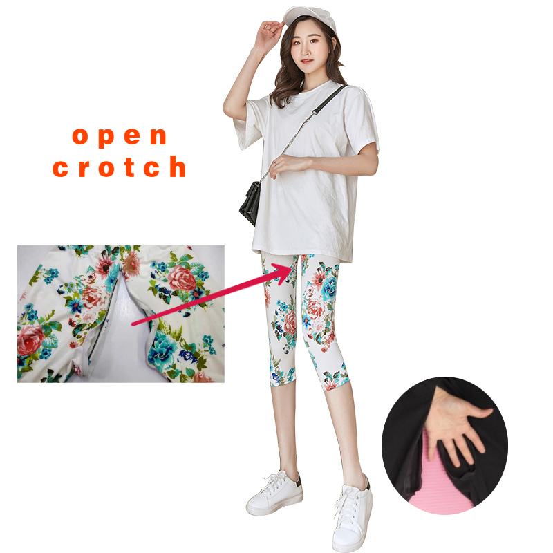 2024 neue Sommer hose mit offenem Schritt Leggings Damen Oberbekleidung dünne kurze Hosen Stretch Blumen plus kurze Röhren hose