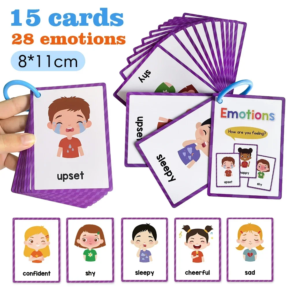 Tarjetas Flash de aprendizaje de palabras en inglés para niños, juguetes educativos para aprender, tarjeta de iluminación, mi sentimiento de emoción, 15 tarjetas
