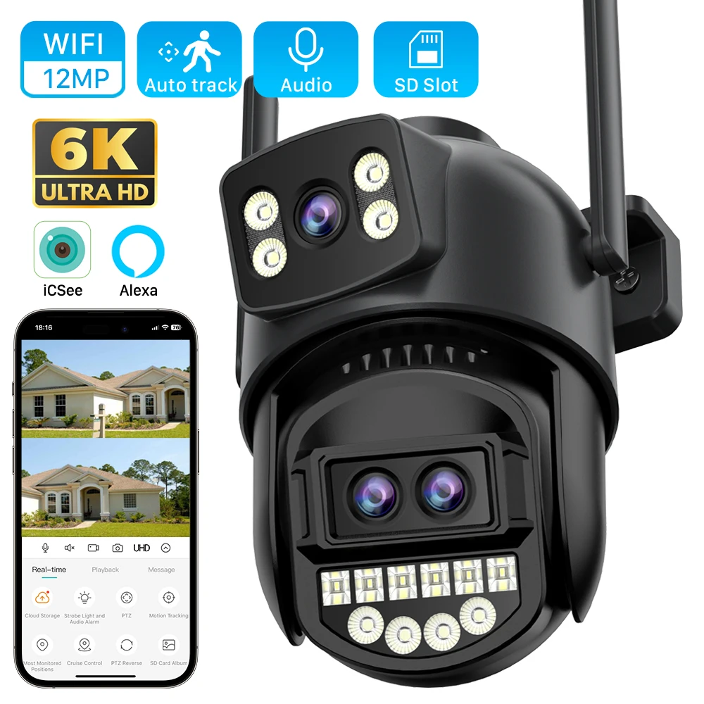 Telecamera Wifi esterna 6K 12MP PTZ Zoom ottico 8X Tre obiettivi Doppia schermi Video sorveglianza Telecamera IP di sicurezza CCTV a doppio obiettivo 8MP
