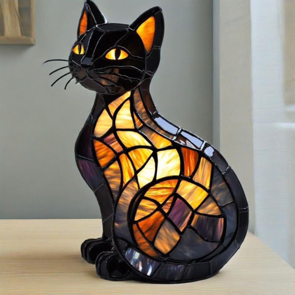 New Durable Stained Glass Cat Lamp Cats Stained Resin 3D Cute Tabletop Retro High Quality Pet Led Table Light Home Bedroom