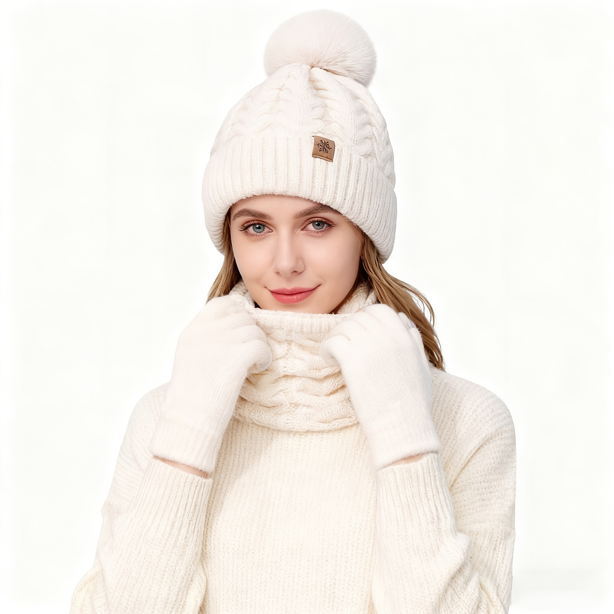 Conjunto de invierno de 3 piezas: gorro de punto, guantes con pantalla táctil y bufanda de collar convertible, gorro de invierno, bufanda y guantes