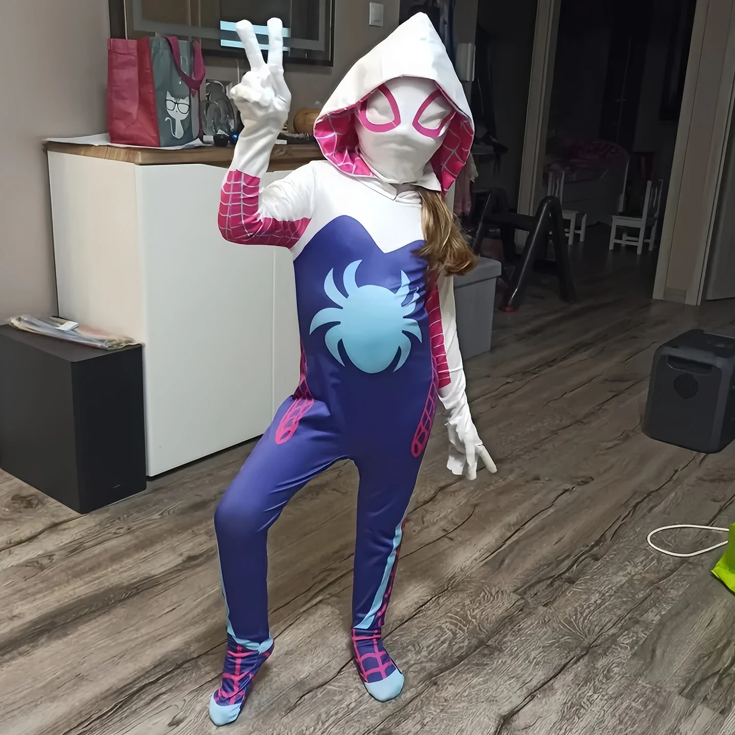 Disfraz de araña Gwen Stacy para niñas, mono, mono para adultos y niños, disfraz de fiesta de Halloween, vestido de fantasía, máscara, sudaderas con capucha