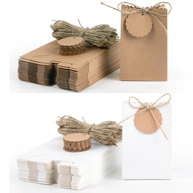 Caja de regalo de papel Kraft Retro, bolsa de embalaje de dulces y galletas, color blanco y marrón, con etiquetas de cuerda, suministros para regalos de fiesta de boda y cumpleaños, 10-30 Uds.