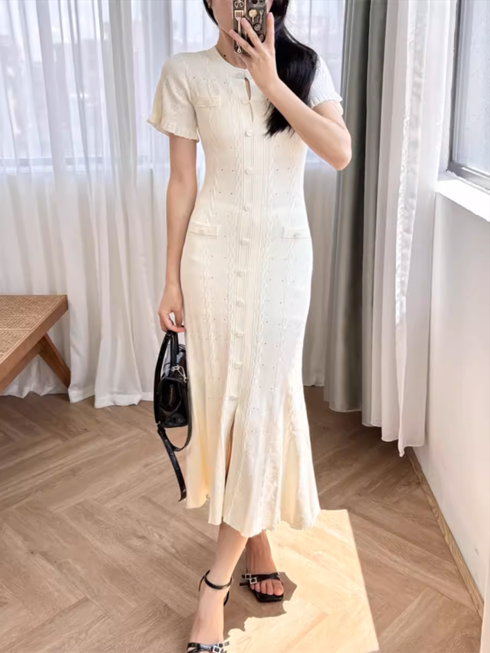 Vestido blanco de punto con huecos para mujer, vestido de fiesta ajustado elegante de manga corta con temperamento de verano 2024 5240125