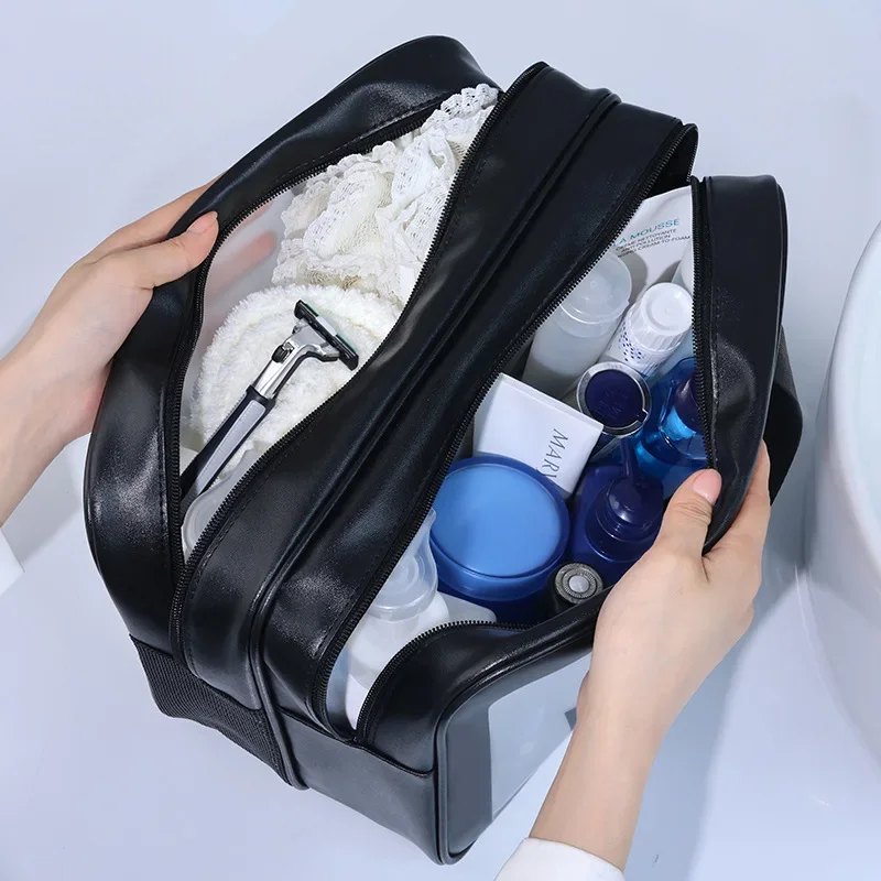 Bolsa de maquillaje de PU transparente doble con separación en seco y húmedo, bolsa de lavado portátil, bolsa de almacenamiento de cosméticos, artículos esenciales para viajes, fitness y natación