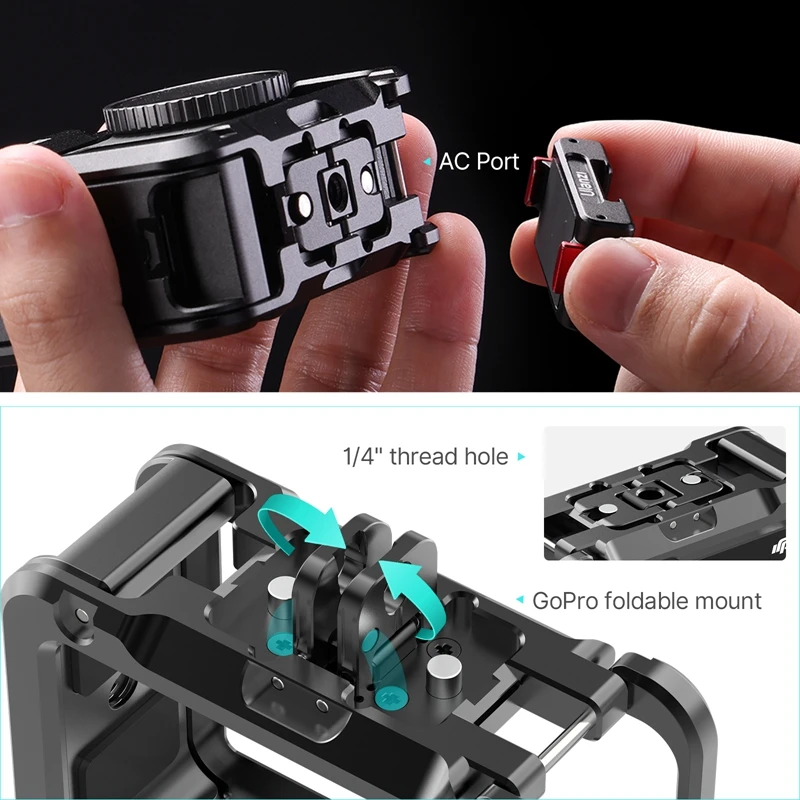 Ulanzi DJI OSMO ACTION 5 4 3 Full Protective Frame Case Quick Release with Cold Shoe 1/4 Hole Metal Cage GoPro Foldable Mount