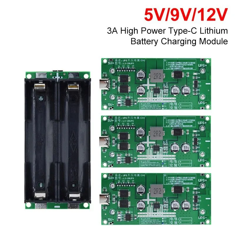 Tipo-C 15W 3A Fonte de alimentação UPS de carga rápida / Módulo de carregador de bateria de lítio 18650 DC-DC Step Up Booster Converter 5V 9V 12V