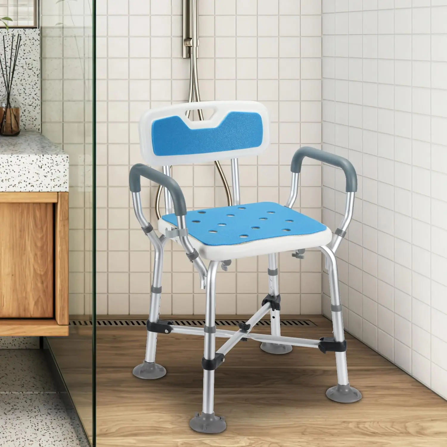 Shower Stool Height Adjustable Showerstuhl, Anti-Slip Shower Aid,Bath Stool with Armrest,Bath Stool Mit Cross Support,Badsitz for Se