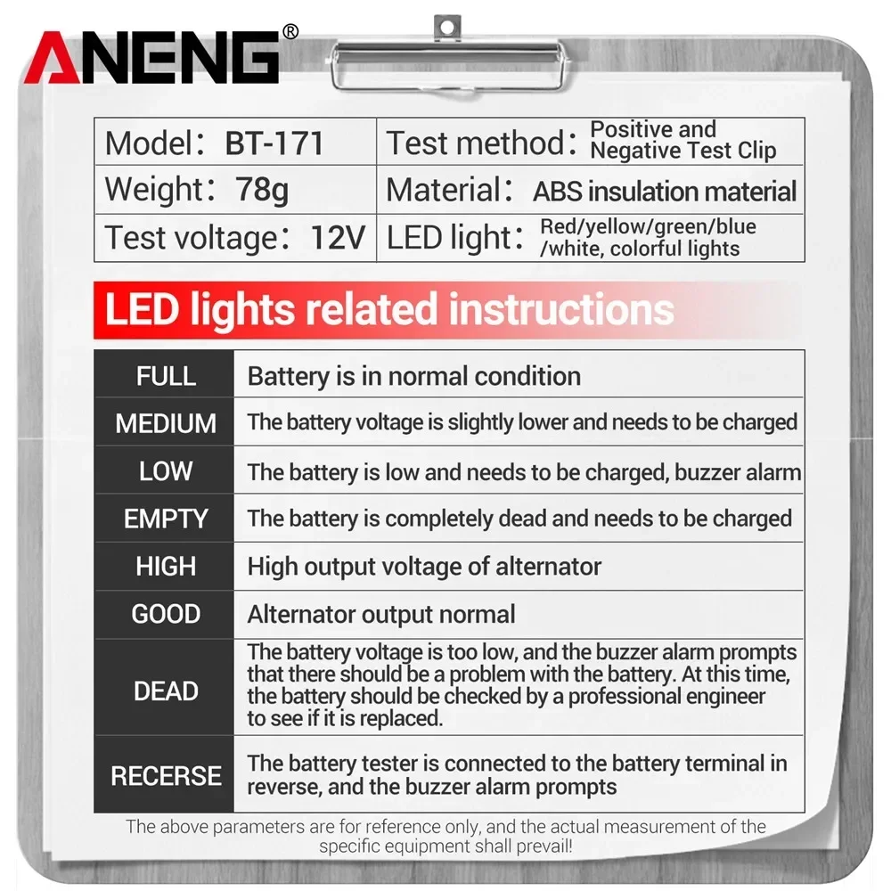 ANENG BT-171 다기능 배터리 테스터 LED 역방향 디스플레이 화면 전기 도구로 12V 자동 수리 산업 감지