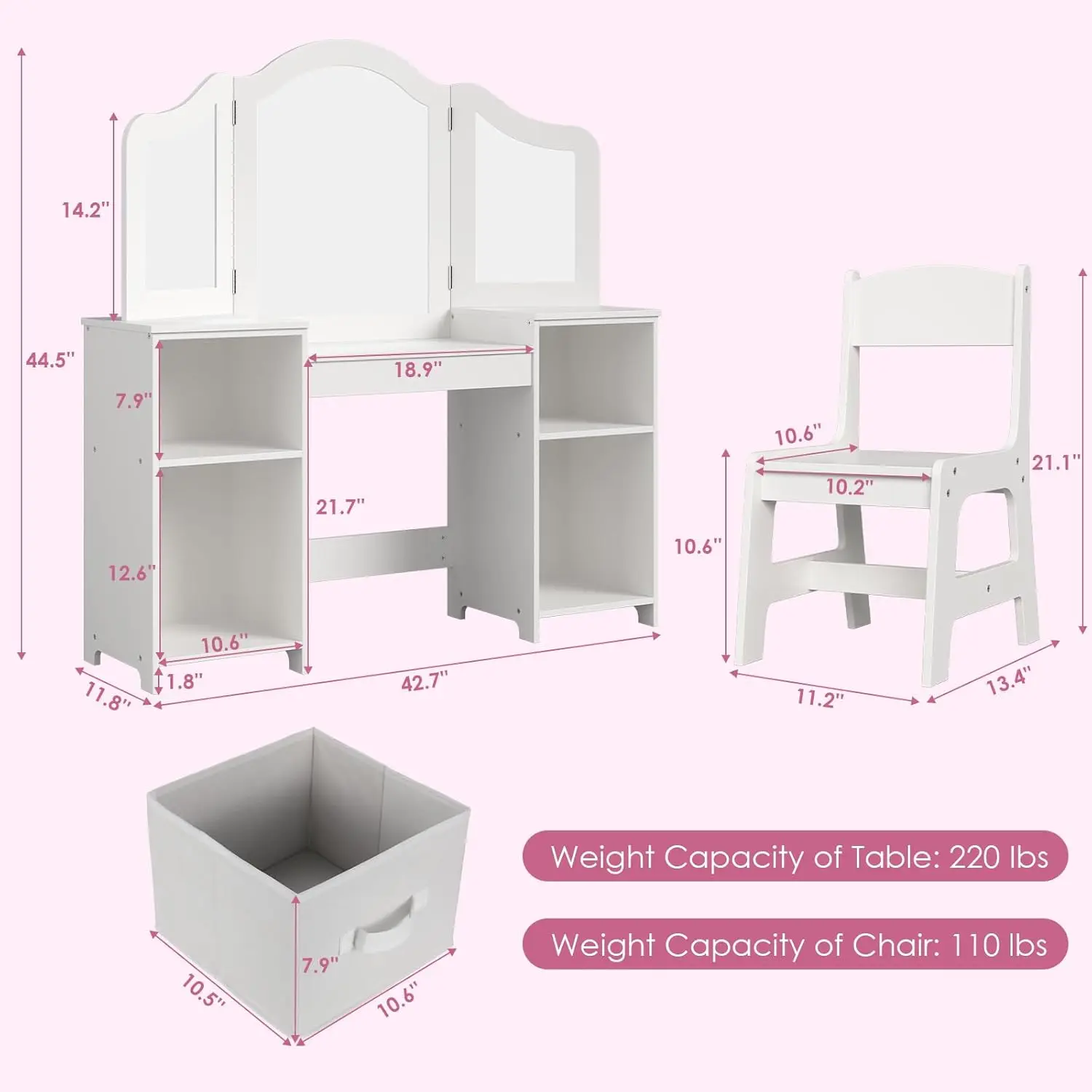 Kinder-Waschtisch, 2-in-1-Prinzessin-Make-up-Schreibtisch- und Stuhl-Set mit dreifach klappbarem, abnehmbarem Spiegel, große Ablageflächen aus Holz